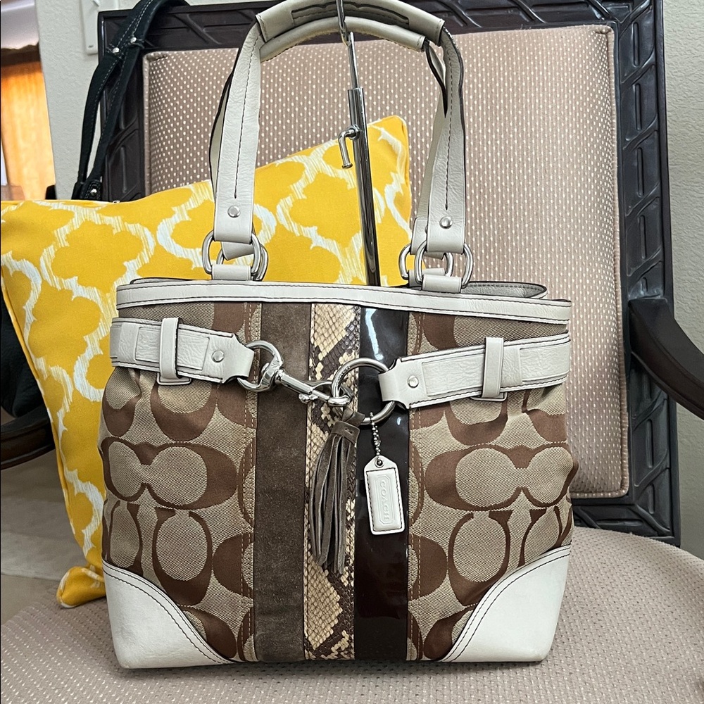 Coach large Hampton tote with snake, suede and patten stripe